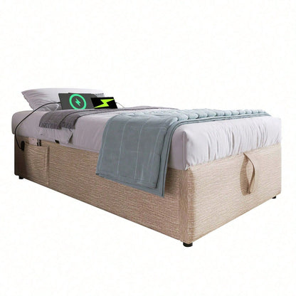Polsterbett Einzelbett 90*200 cm, Struraumbett Bettgestell mit USB- C und Vollflächiger Lattenrost, Ohne Kopfteil, Baumwolle, Grau