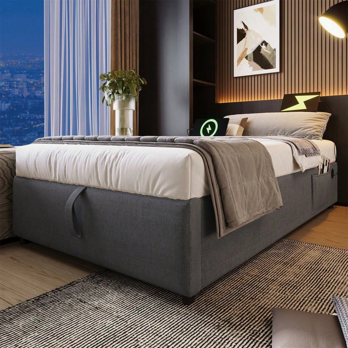 Polsterbett Einzelbett 90*200 cm, Struraumbett Bettgestell mit USB- C und Vollflächiger Lattenrost, Ohne Kopfteil, Baumwolle, Grau