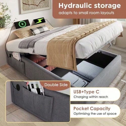Polsterbett Einzelbett 90*200 cm, Struraumbett Bettgestell mit USB- C und Vollflächiger Lattenrost, Ohne Kopfteil, Baumwolle, Grau