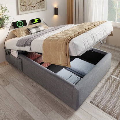 Polsterbett Einzelbett 90*200 cm, Struraumbett Bettgestell mit USB- C und Vollflächiger Lattenrost, Ohne Kopfteil, Baumwolle, Grau