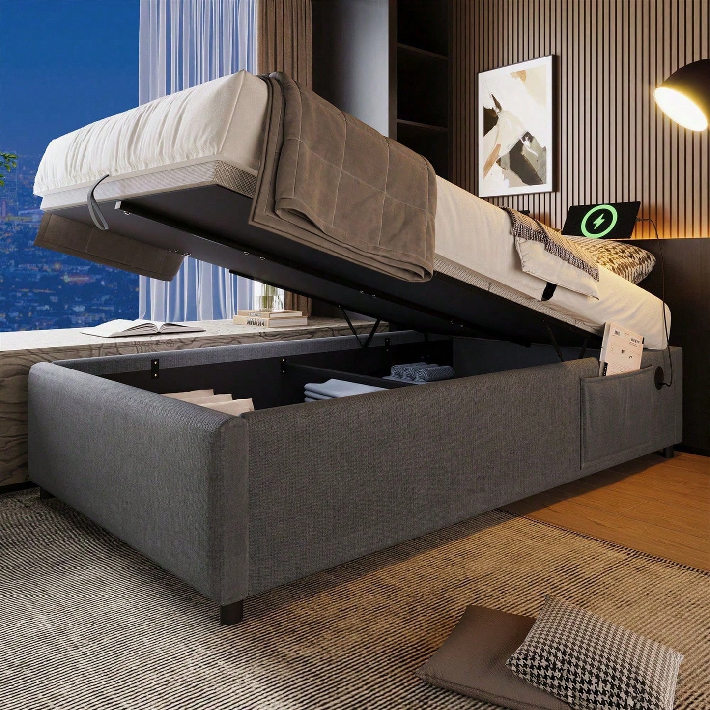 Polsterbett Einzelbett 90*200 cm, Struraumbett Bettgestell mit USB- C und Vollflächiger Lattenrost, Ohne Kopfteil, Baumwolle, Grau