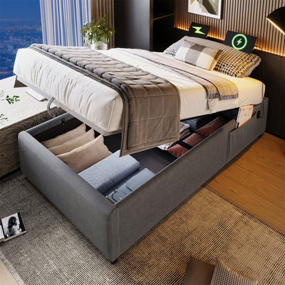 Polsterbett Einzelbett 90*200 cm, Struraumbett Bettgestell mit USB- C und Vollflächiger Lattenrost, Ohne Kopfteil, Baumwolle, Grau