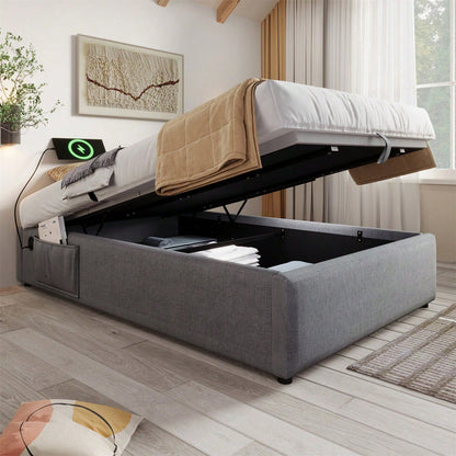 Polsterbett Einzelbett 90*200 cm, Struraumbett Bettgestell mit USB- C und Vollflächiger Lattenrost, Ohne Kopfteil, Baumwolle, Grau