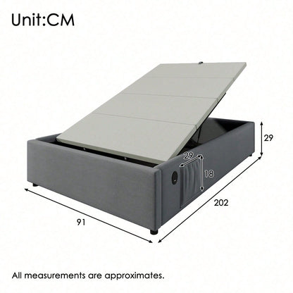Polsterbett Einzelbett 90*200 cm, Struraumbett Bettgestell mit USB- C und Vollflächiger Lattenrost, Ohne Kopfteil, Baumwolle, Grau
