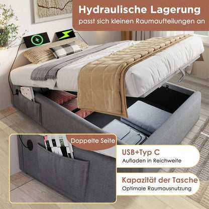Polsterbett Einzelbett 90*200 cm, Struraumbett Bettgestell mit USB- C und Vollflächiger Lattenrost, Ohne Kopfteil, Baumwolle, Grau
