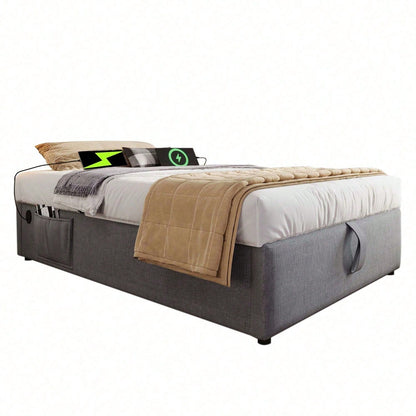 Polsterbett Einzelbett 90*200 cm, Struraumbett Bettgestell mit USB- C und Vollflächiger Lattenrost, Ohne Kopfteil, Baumwolle, Grau