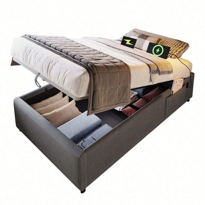 Polsterbett Einzelbett 90*200 cm, Struraumbett Bettgestell mit USB- C und Vollflächiger Lattenrost, Ohne Kopfteil, Baumwolle, Grau