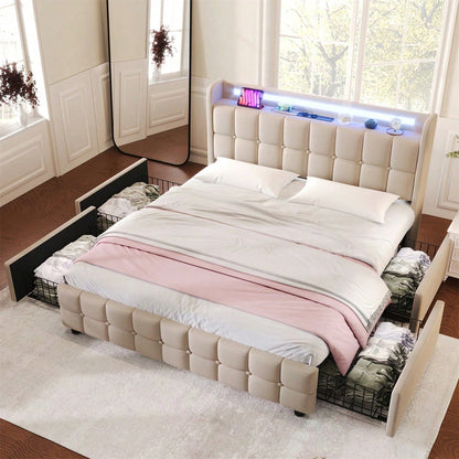 Polsterbett mit aufladen USB Ladefunktion Kopfteil und LED-Beleuchtung und 4 Schubladen,Doppelbett 140x200cm Stauraumbetten Bettgestell, Lattenrost aus Holz, Beige