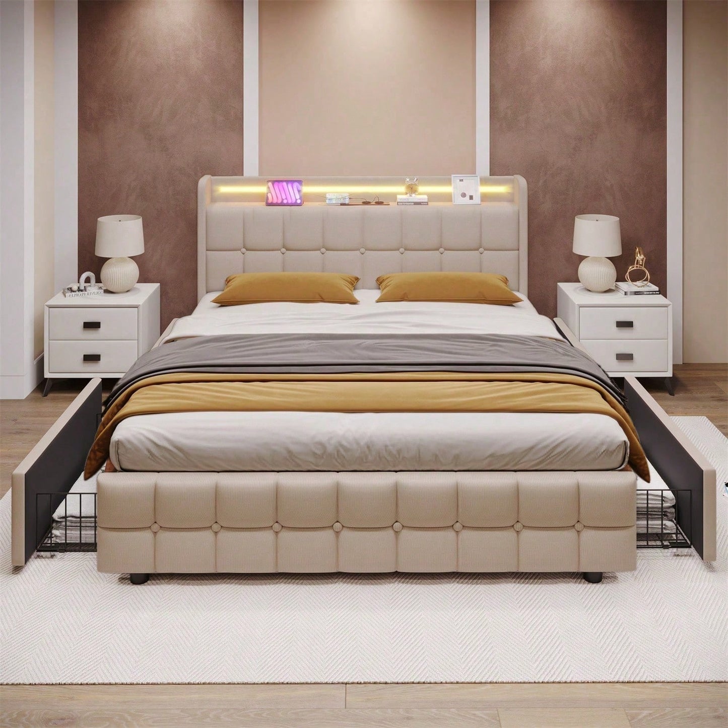 Polsterbett mit aufladen USB Ladefunktion Kopfteil und LED-Beleuchtung und 4 Schubladen,Doppelbett 140x200cm Stauraumbetten Bettgestell, Lattenrost aus Holz, Beige