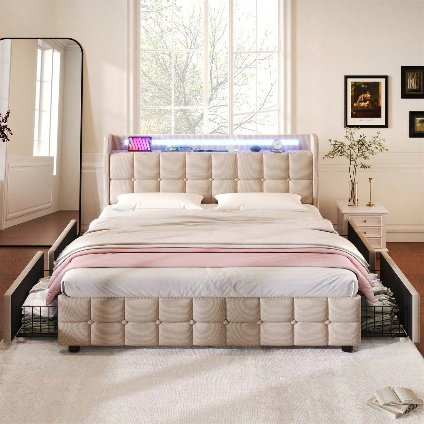 Polsterbett mit aufladen USB Ladefunktion Kopfteil und LED-Beleuchtung und 4 Schubladen,Doppelbett 140x200cm Stauraumbetten Bettgestell, Lattenrost aus Holz, Beige