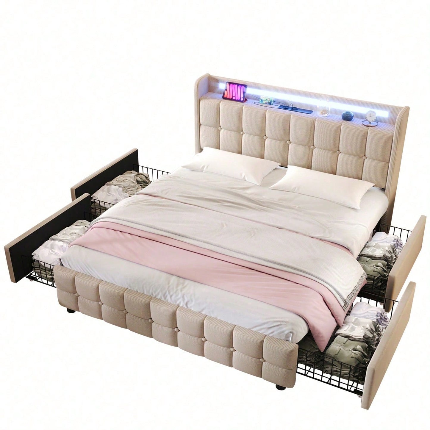 Polsterbett mit aufladen USB Ladefunktion Kopfteil und LED-Beleuchtung und 4 Schubladen,Doppelbett 140x200cm Stauraumbetten Bettgestell, Lattenrost aus Holz, Beige
