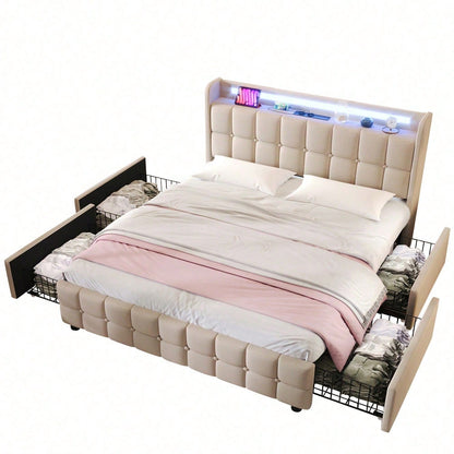 Polsterbett mit aufladen USB Ladefunktion Kopfteil und LED-Beleuchtung und 4 Schubladen,Doppelbett 140x200cm Stauraumbetten Bettgestell, Lattenrost aus Holz, Beige