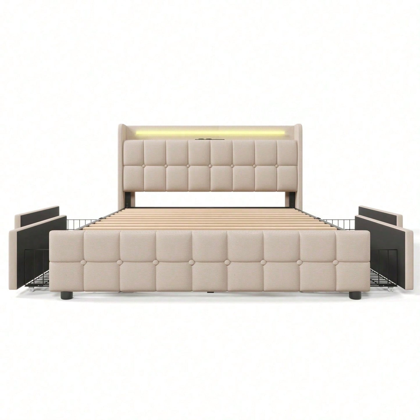 Polsterbett mit aufladen USB Ladefunktion Kopfteil und LED-Beleuchtung und 4 Schubladen,Doppelbett 140x200cm Stauraumbetten Bettgestell, Lattenrost aus Holz, Beige