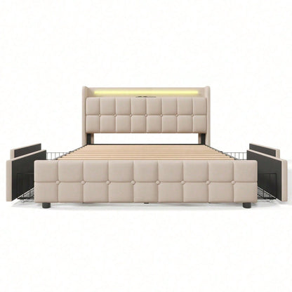 Polsterbett mit aufladen USB Ladefunktion Kopfteil und LED-Beleuchtung und 4 Schubladen,Doppelbett 140x200cm Stauraumbetten Bettgestell, Lattenrost aus Holz, Beige