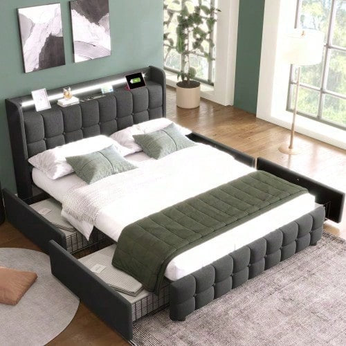 Polsterbett mit aufladen USB Ladefunktion Kopfteil und LED-Beleuchtung und 4 Schubladen,Doppelbett 140x200cm Stauraumbetten Bettgestell, Lattenrost aus Holz, Beige
