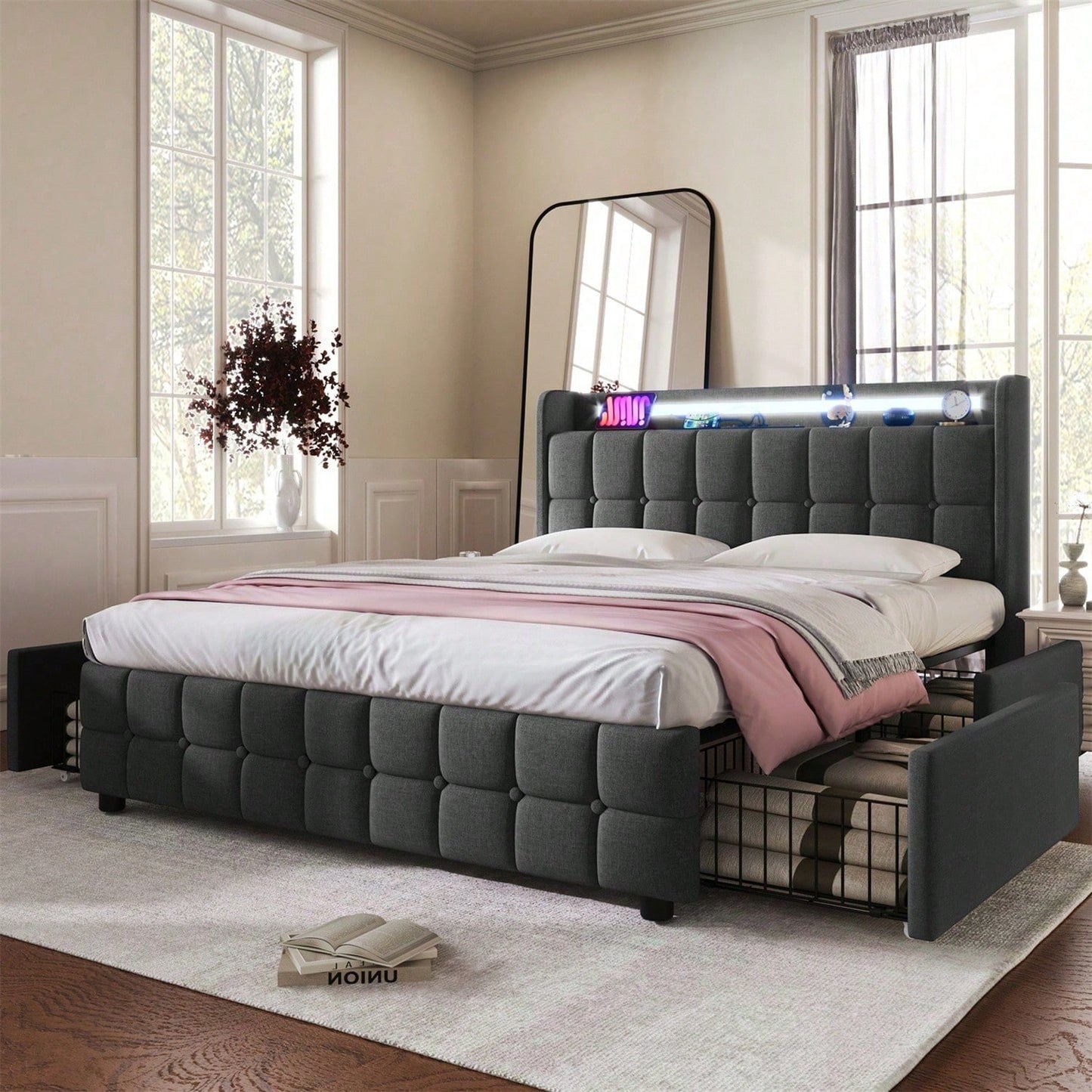 Polsterbett mit aufladen USB Ladefunktion Kopfteil und LED-Beleuchtung und 4 Schubladen,Doppelbett 140x200cm Stauraumbetten Bettgestell, Lattenrost aus Holz, Beige
