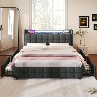 Polsterbett mit aufladen USB Ladefunktion Kopfteil und LED-Beleuchtung und 4 Schubladen,Doppelbett 140x200cm Stauraumbetten Bettgestell, Lattenrost aus Holz, Beige
