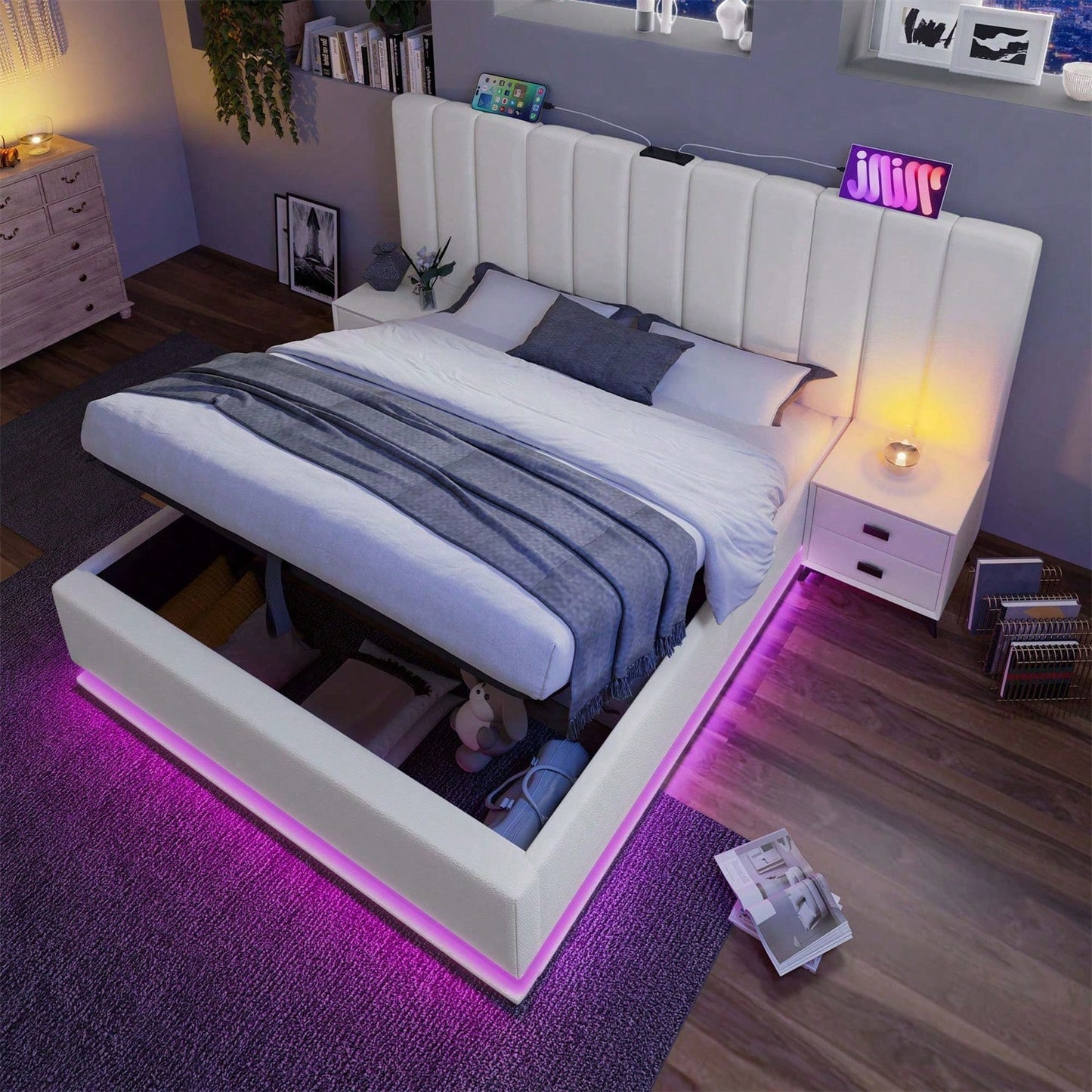 Polsterbett 160*200, Doppelbett Stauraumbett mit App Control LED und USB-C Ladefunktion, Bettgestell mit Lattenrost, PU, Weiß, Ohne Matratze und Nachttisch