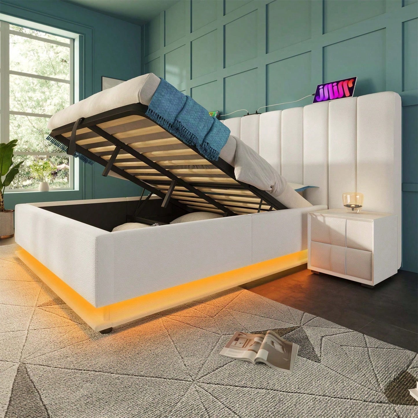 Polsterbett 160*200, Doppelbett Stauraumbett mit App Control LED und USB-C Ladefunktion, Bettgestell mit Lattenrost, PU, Weiß, Ohne Matratze und Nachttisch