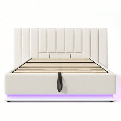 Polsterbett 160*200, Doppelbett Stauraumbett mit App Control LED und USB-C Ladefunktion, Bettgestell mit Lattenrost, PU, Weiß, Ohne Matratze und Nachttisch