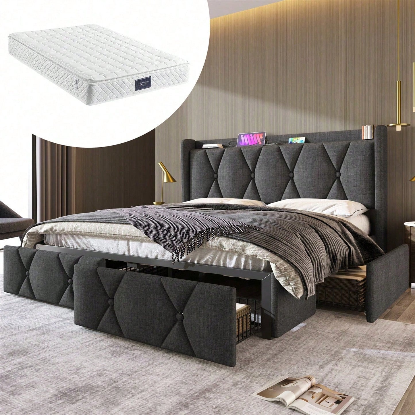 Polsterbett mit aufladen USB Ladefunktion Kopfteil und 4 Schubladen,Doppelbett 160x200cm Stauraumbetten Bettgestell, Lattenrost aus Holz, Grau (Mit Matratze)