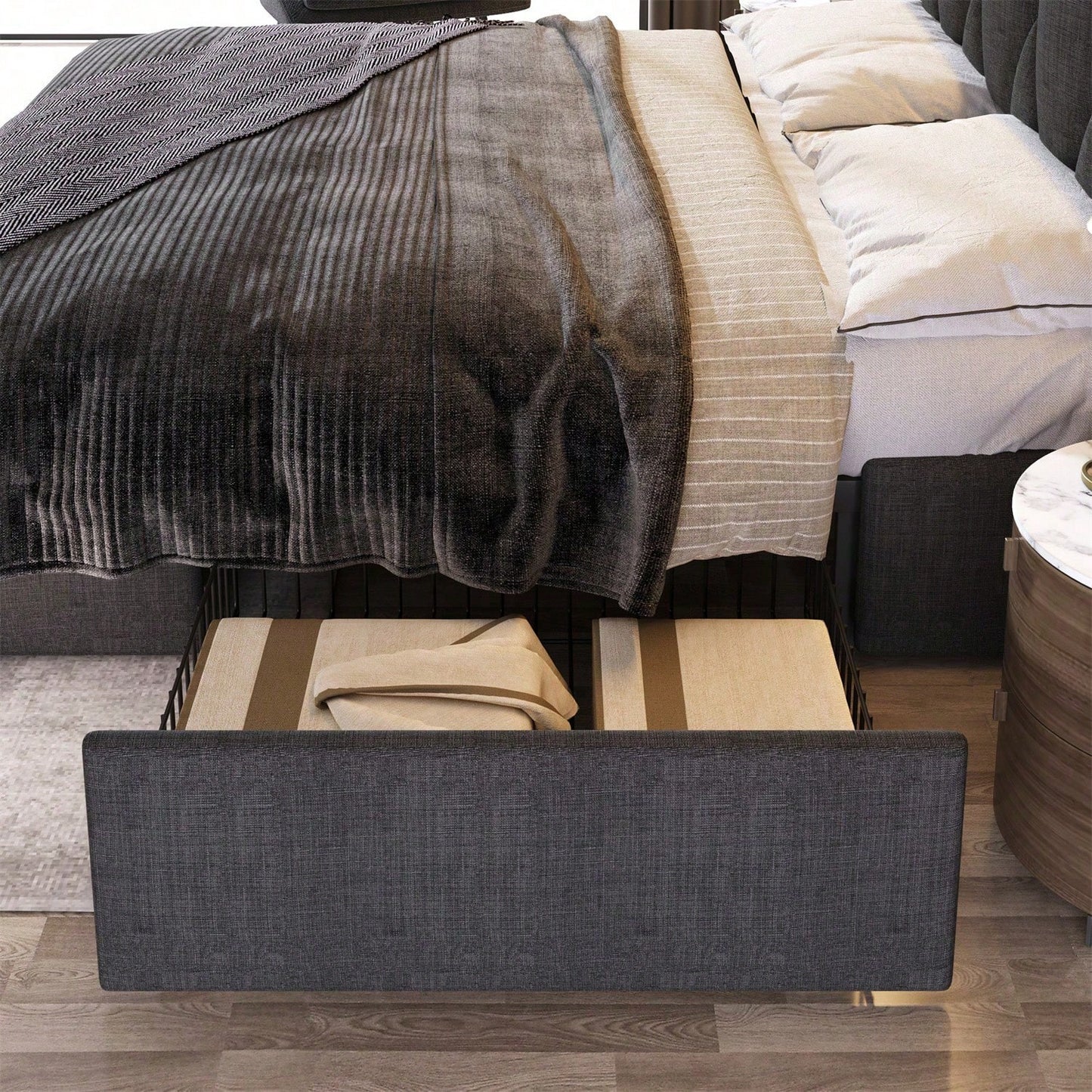 Polsterbett mit aufladen USB Ladefunktion Kopfteil und 4 Schubladen,Doppelbett 160x200cm Stauraumbetten Bettgestell, Lattenrost aus Holz, Grau (Mit Matratze)