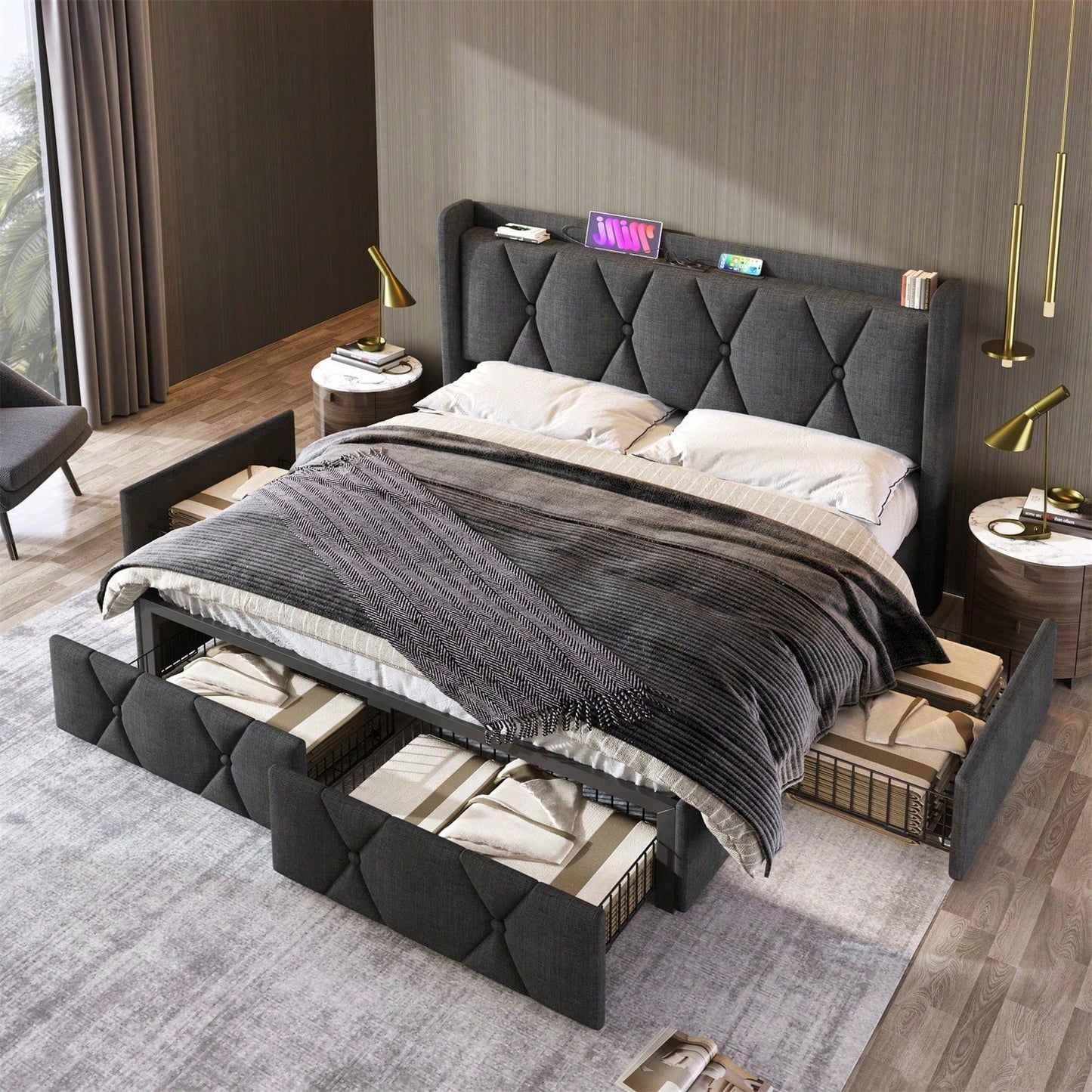 Polsterbett mit aufladen USB Ladefunktion Kopfteil und 4 Schubladen,Doppelbett 160x200cm Stauraumbetten Bettgestell, Lattenrost aus Holz, Grau (Mit Matratze)