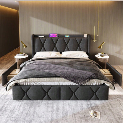 Polsterbett mit aufladen USB Ladefunktion Kopfteil und 4 Schubladen,Doppelbett 160x200cm Stauraumbetten Bettgestell, Lattenrost aus Holz, Grau (Mit Matratze)