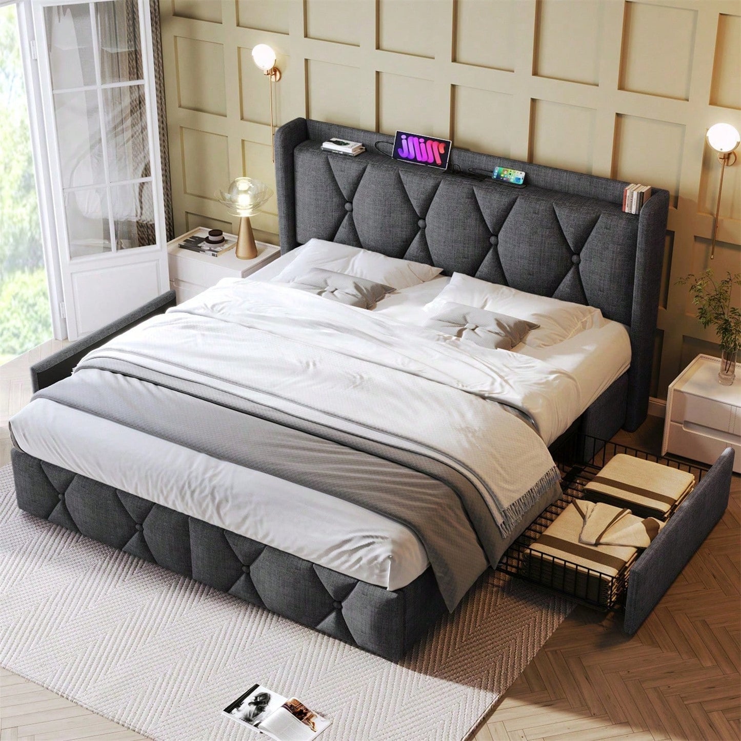 Polsterbett mit aufladen USB Ladefunktion Kopfteil und 4 Schubladen,Doppelbett 160x200cm Stauraumbetten Bettgestell, Lattenrost aus Holz, Grau (Mit Matratze)