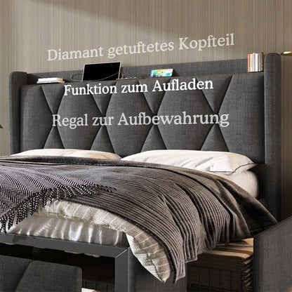Polsterbett mit aufladen USB Ladefunktion Kopfteil und 4 Schubladen,Doppelbett 160x200cm Stauraumbetten Bettgestell, Lattenrost aus Holz, Grau (Mit Matratze)