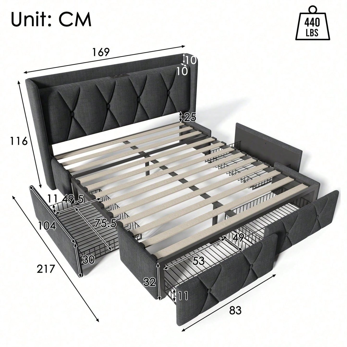 Polsterbett mit aufladen USB Ladefunktion Kopfteil und 4 Schubladen,Doppelbett 160x200cm Stauraumbetten Bettgestell, Lattenrost aus Holz, Grau (Mit Matratze)