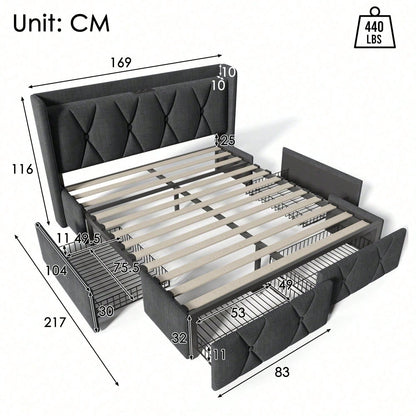 Polsterbett mit aufladen USB Ladefunktion Kopfteil und 4 Schubladen,Doppelbett 160x200cm Stauraumbetten Bettgestell, Lattenrost aus Holz, Grau (Mit Matratze)