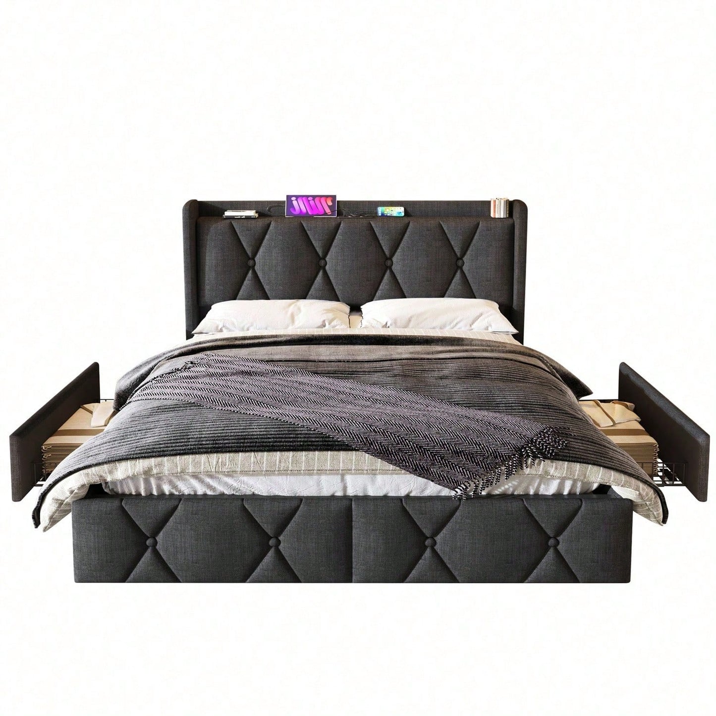 Polsterbett mit aufladen USB Ladefunktion Kopfteil und 4 Schubladen,Doppelbett 160x200cm Stauraumbetten Bettgestell, Lattenrost aus Holz, Grau (Mit Matratze)