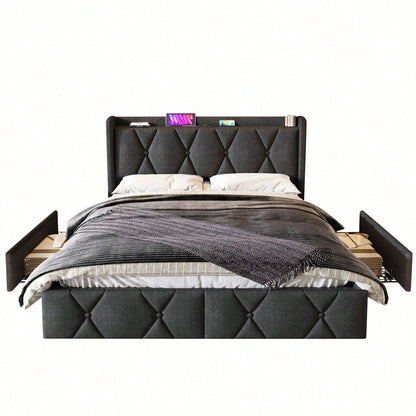 Polsterbett mit aufladen USB Ladefunktion Kopfteil und 4 Schubladen,Doppelbett 160x200cm Stauraumbetten Bettgestell, Lattenrost aus Holz, Grau (Mit Matratze)