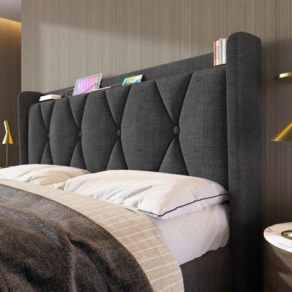 Polsterbett Doppelbett mit aufladen USB Ladefunktion Stauraum-Kopfteil und LED-Beleuchtung,Doppelbett 160x200cm Stauraumbetten Bettgestell, Lattenrost aus Holz, Grau