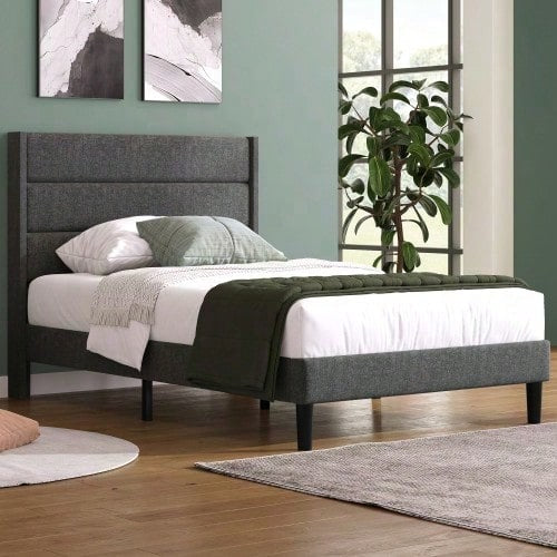 Polsterbett 90 x 200 cm, Bettgestell mit Lattenrost & Kopfteil, gepolstertes Doppelbett, Textilbezug Samt in Dunkelgrün, Zeitloses modernes Design, Jugendbett