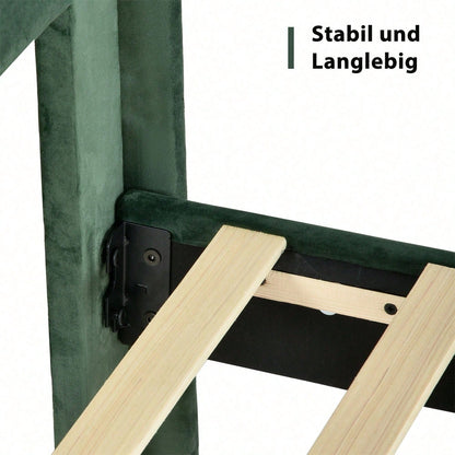 Polsterbett 90 x 200 cm, Bettgestell mit Lattenrost & Kopfteil, gepolstertes Doppelbett, Textilbezug Samt in Dunkelgrün, Zeitloses modernes Design, Jugendbett