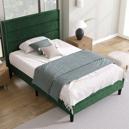 Polsterbett 90 x 200 cm, Bettgestell mit Lattenrost & Kopfteil, gepolstertes Doppelbett, Textilbezug Samt in Dunkelgrün, Zeitloses modernes Design, Jugendbett