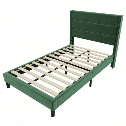 Polsterbett 90 x 200 cm, Bettgestell mit Lattenrost & Kopfteil, gepolstertes Doppelbett, Textilbezug Samt in Dunkelgrün, Zeitloses modernes Design, Jugendbett