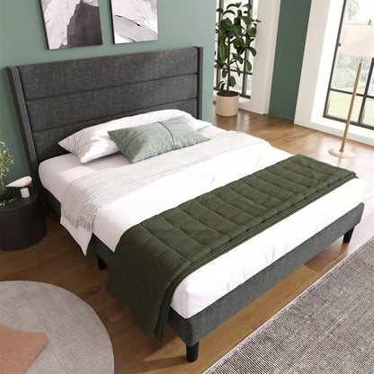 Polsterbett 140 x 200 cm, Bettgestell mit Lattenrost & Kopfteil, gepolstertes Doppelbett, Textilbezug Leinen in Dunkelgrau, Zeitloses modernes Design, Jugendbett