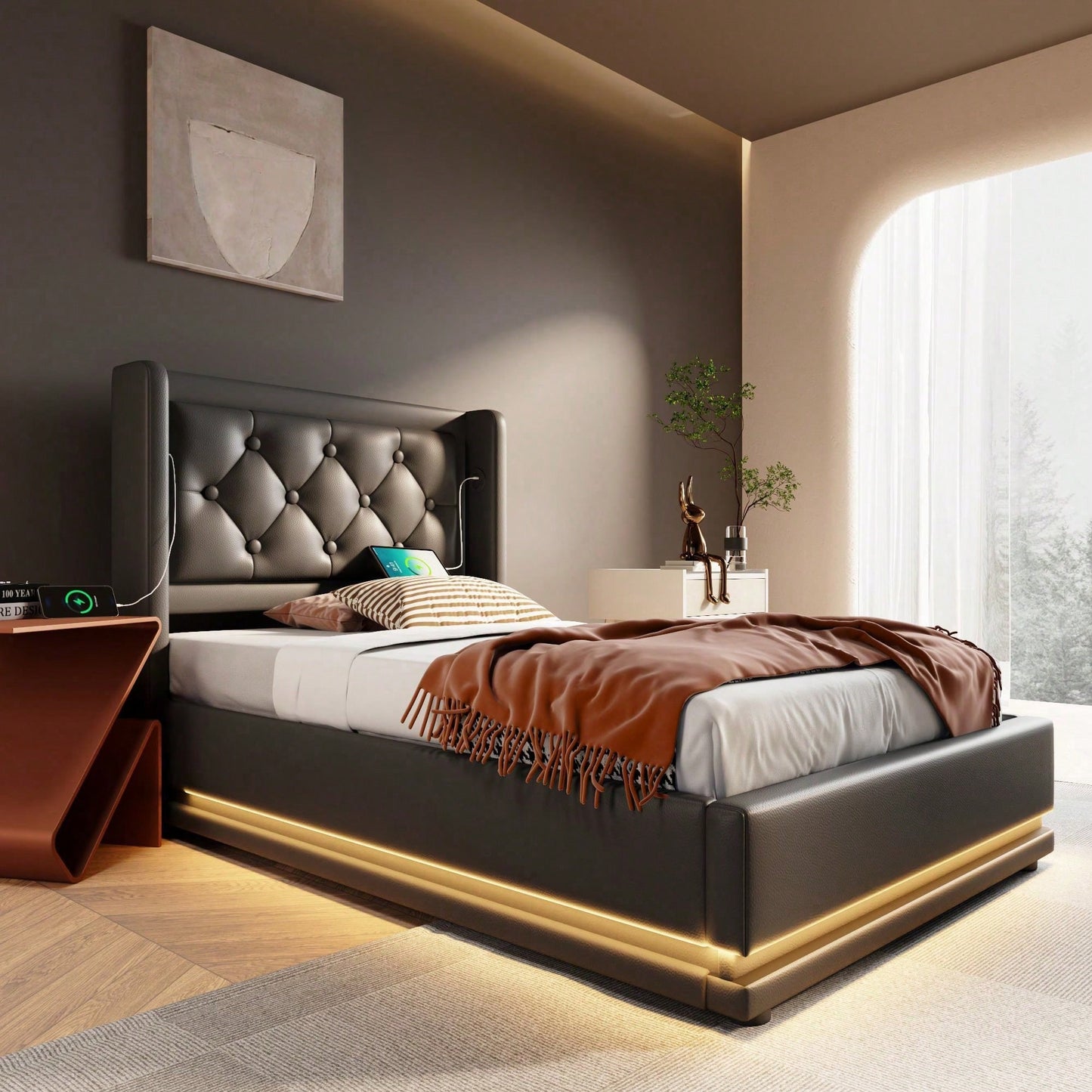 Polsterbett Einzelbett 90*200 cm,Schwarz PU-Material Hydraulisches Stauraumbett, gepolstertes Kopfteil mit USB Typ-C Ladefunktion, 3-seitige LED-Funktion