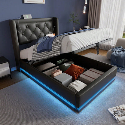 Polsterbett Einzelbett 90*200 cm,Schwarz PU-Material Hydraulisches Stauraumbett, gepolstertes Kopfteil mit USB Typ-C Ladefunktion, 3-seitige LED-Funktion