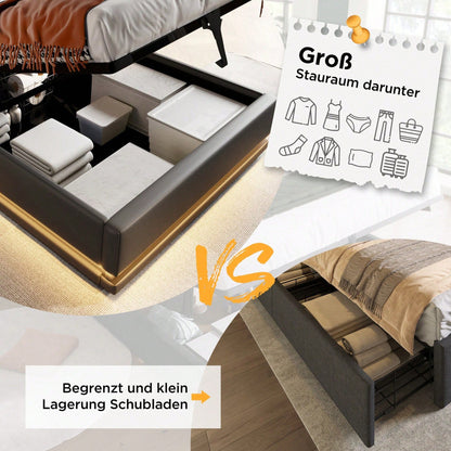 Polsterbett Einzelbett 90*200 cm,Schwarz PU-Material Hydraulisches Stauraumbett, gepolstertes Kopfteil mit USB Typ-C Ladefunktion, 3-seitige LED-Funktion
