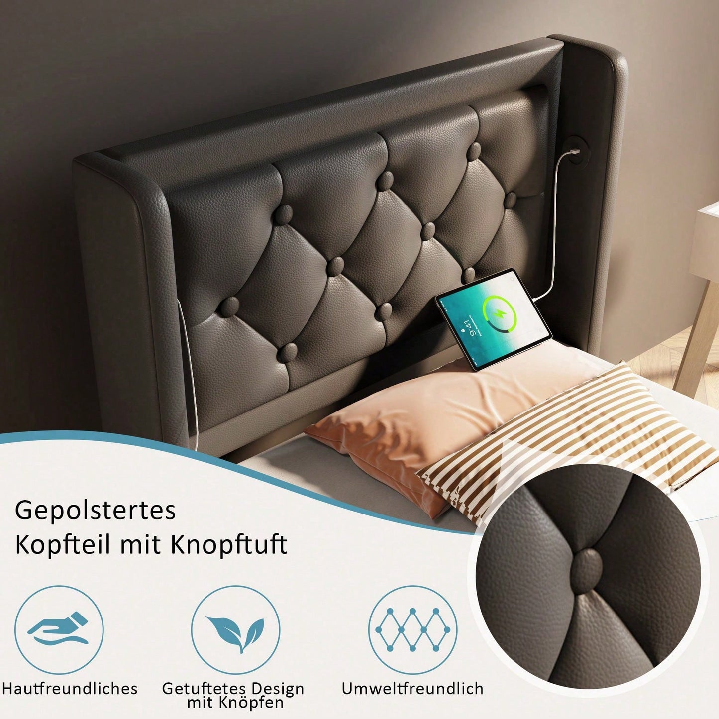 Polsterbett Einzelbett 90*200 cm,Schwarz PU-Material Hydraulisches Stauraumbett, gepolstertes Kopfteil mit USB Typ-C Ladefunktion, 3-seitige LED-Funktion