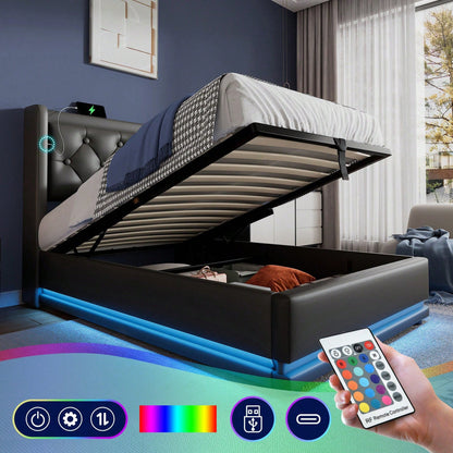 Polsterbett Einzelbett 90*200 cm,Schwarz PU-Material Hydraulisches Stauraumbett, gepolstertes Kopfteil mit USB Typ-C Ladefunktion, 3-seitige LED-Funktion