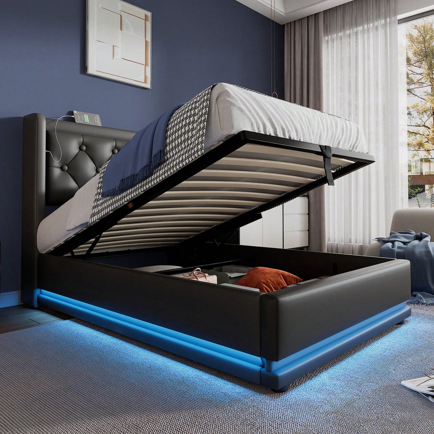Polsterbett Einzelbett 90*200 cm,Schwarz PU-Material Hydraulisches Stauraumbett, gepolstertes Kopfteil mit USB Typ-C Ladefunktion, 3-seitige LED-Funktion