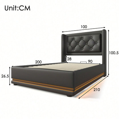 Polsterbett Einzelbett 90*200 cm,Schwarz PU-Material Hydraulisches Stauraumbett, gepolstertes Kopfteil mit USB Typ-C Ladefunktion, 3-seitige LED-Funktion