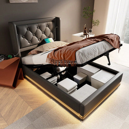Polsterbett Einzelbett 90*200 cm,Schwarz PU-Material Hydraulisches Stauraumbett, gepolstertes Kopfteil mit USB Typ-C Ladefunktion, 3-seitige LED-Funktion
