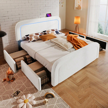 Bettgestell mit USB Typ C Ladefunktion LED-Beleuchtung und 4 Schubladen, Doppelbett Polsterbett 140x200cm, Höhenverstellbarem Kopfteil, Lattenrost aus Holz, Sherp-Weiß