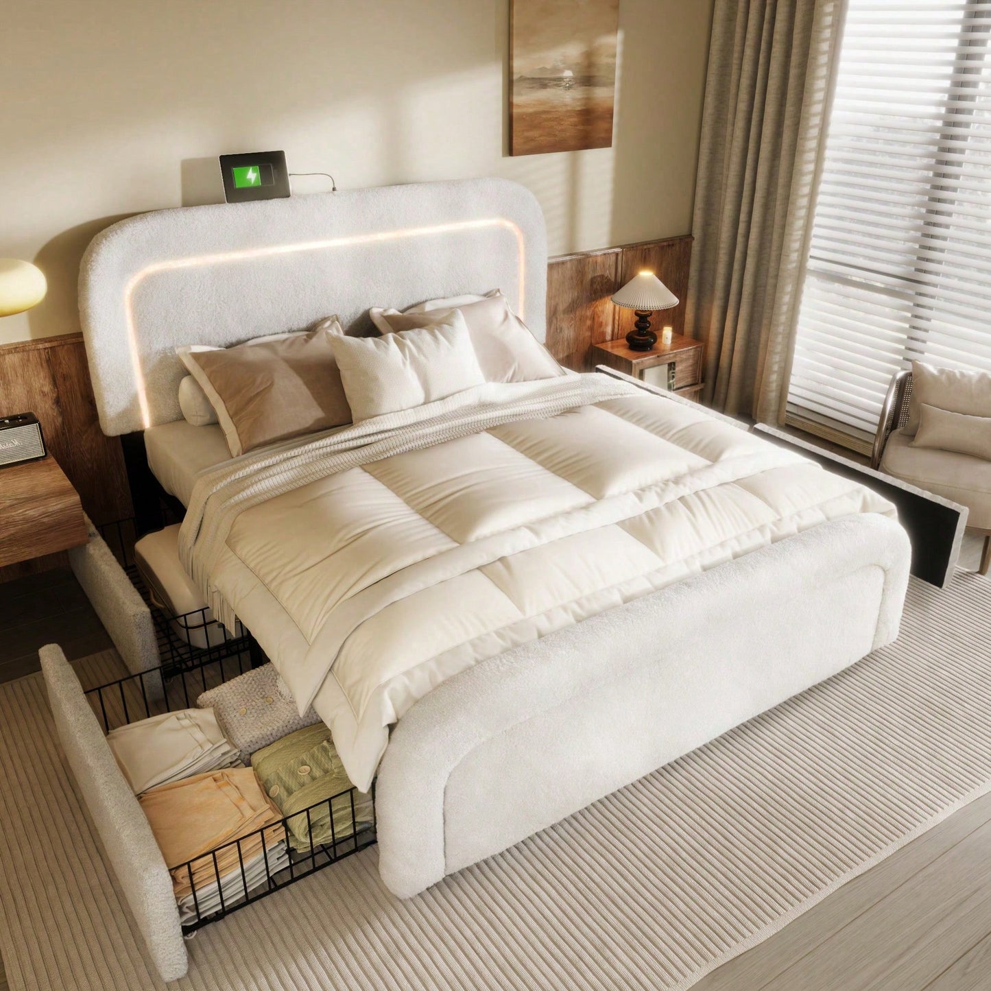 Bettgestell mit USB Typ C Ladefunktion LED-Beleuchtung und 4 Schubladen, Doppelbett Polsterbett 140x200cm, Höhenverstellbarem Kopfteil, Lattenrost aus Holz, Sherp-Weiß